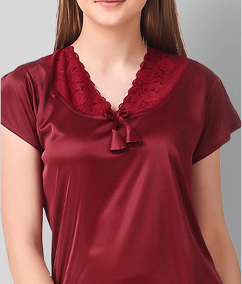 Reposey - Maroon Satin Women's Nightwear Nightsuit Sets ( Pack of 2 )