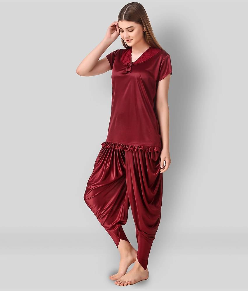 Reposey - Maroon Satin Women's Nightwear Nightsuit Sets ( Pack of 2 )