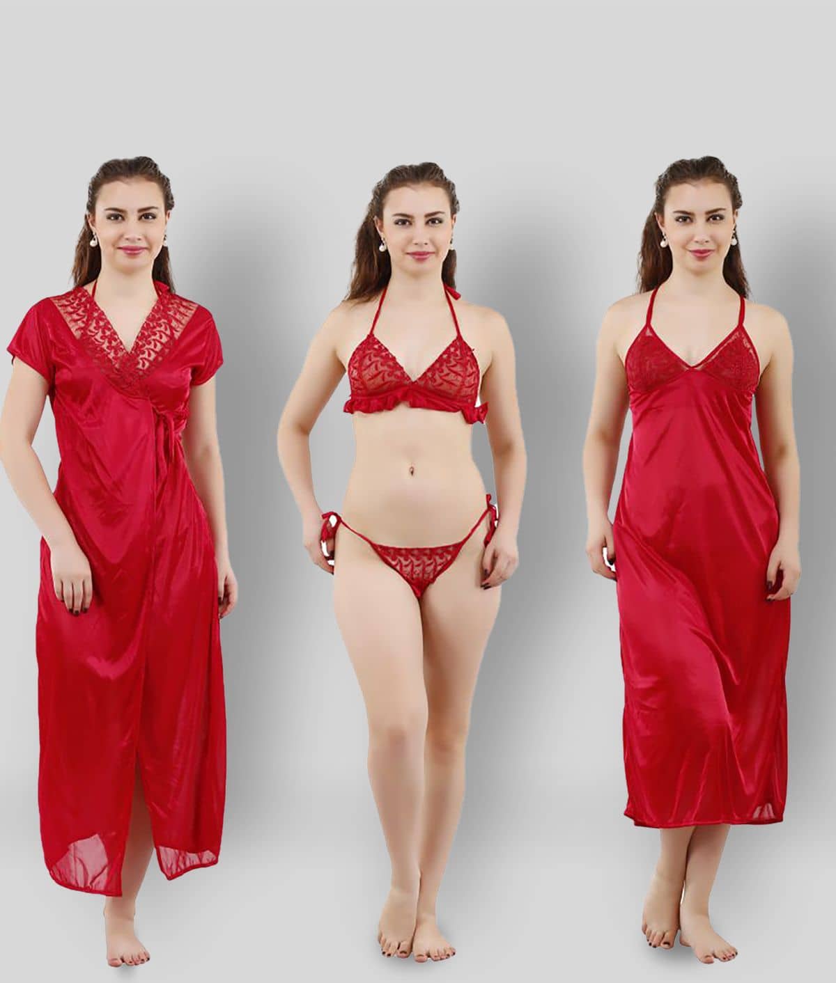 Reposey - Maroon Satin Women's Nightwear Nightsuit Sets ( Pack of 4 ) - Nightwear & Loungewear | Buy online on ZillyBuy