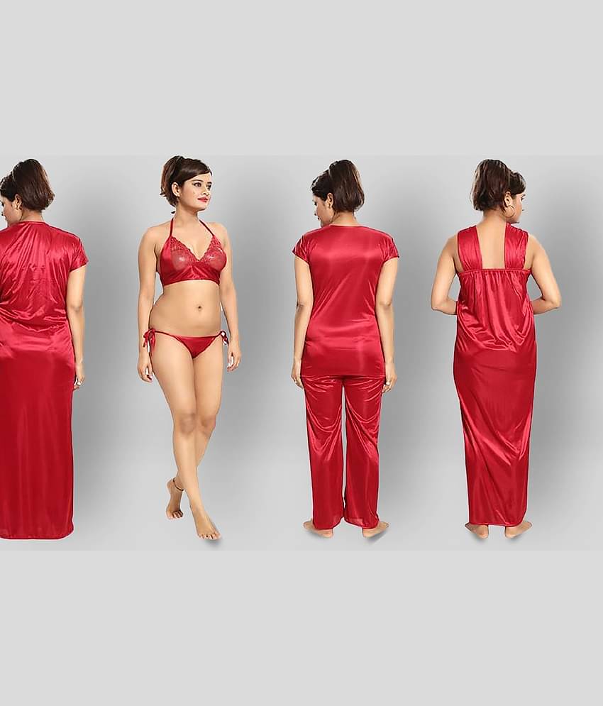 Reposey - Red Satin Women's Nightwear Nighty & Night Gowns ( Pack of 6 )