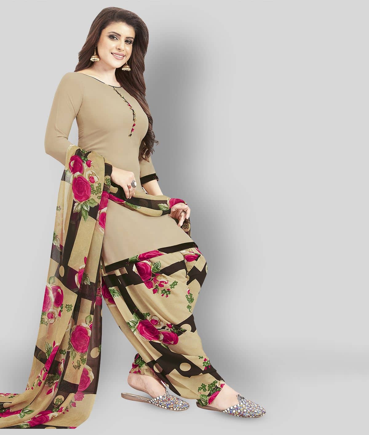 Shree Jeenmata Unstitched Printed Crepe Dress Material With Dupatta (Beige) - Unstitched Fabrics | Buy online on ZillyBuy