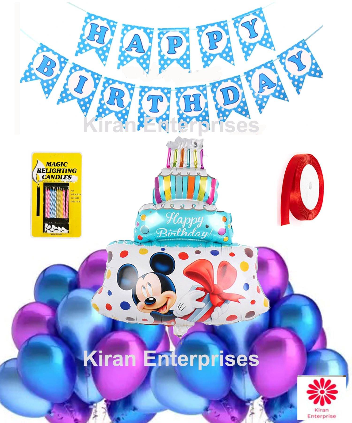     			Kiran Enterprises Happy Birthday Banner ( Dotted SkyBlue) + 1 pc. Mickey Mouse Printed Foil Cake + 10 pc. Magic Candle + 1 pc Ribbon + 30 Metallic Balloon ( Blue, Purple )