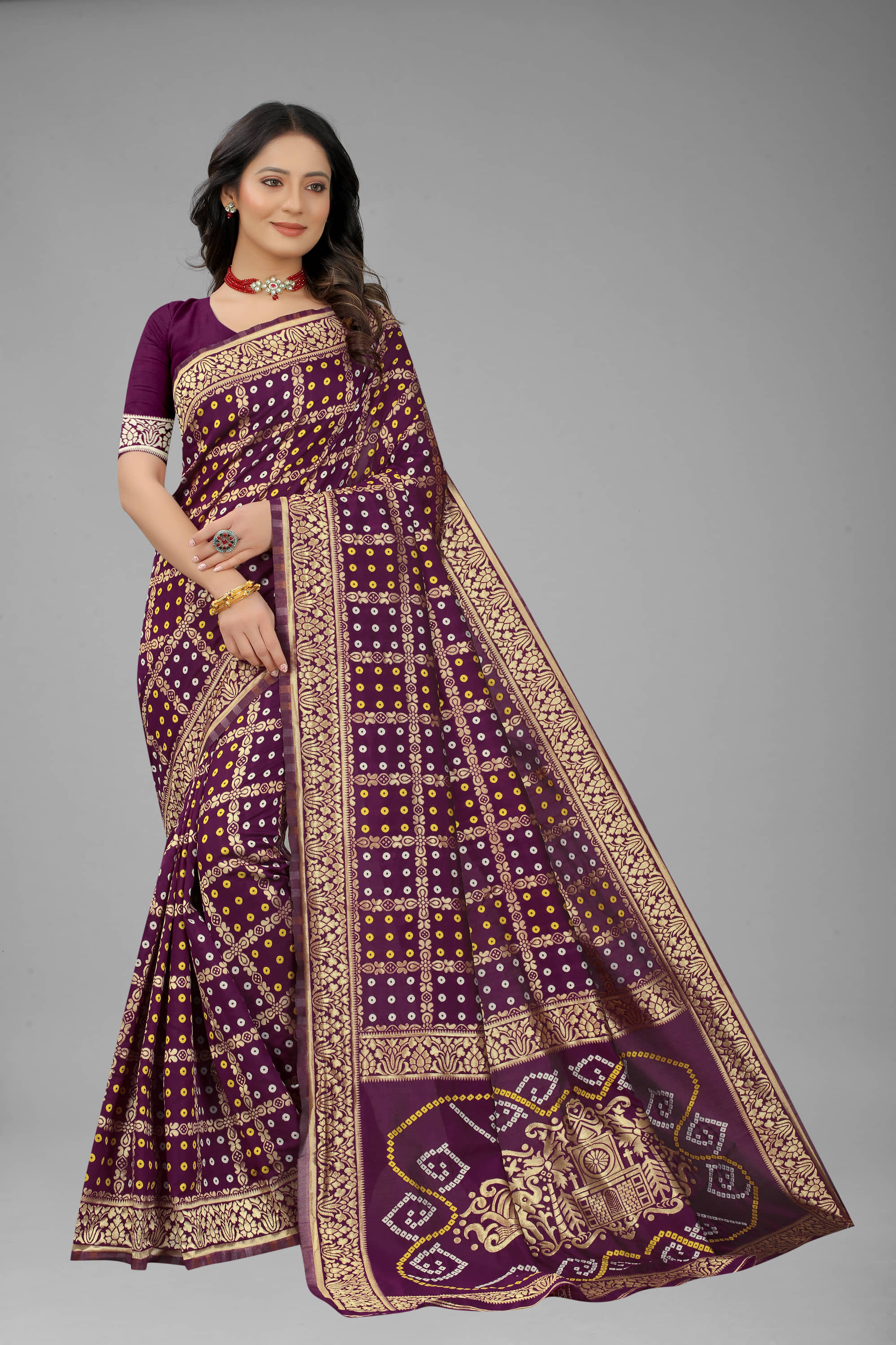 NENCY FASHION Banarasi Silk Embellished Saree With Unstitched Blouse Piece ( Red ) - Sarees | Buy online on ZillyBuy