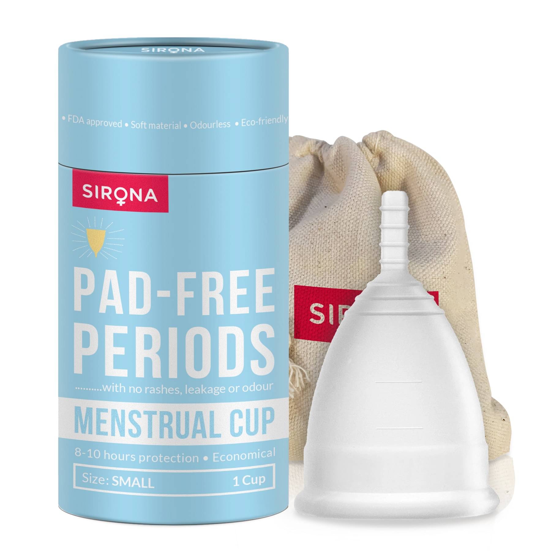 Sirona Reusable Menstrual Cup for Women - Small Size with Pouch | Ultra Soft, Odour and Rash Free | 100% Medical Grade Silicone Sirona Reusable Menstrual Cup for Women - Small Size with Pouch | Ultra Soft, Odour and Rash Free | 100% Medical Grade Silicone