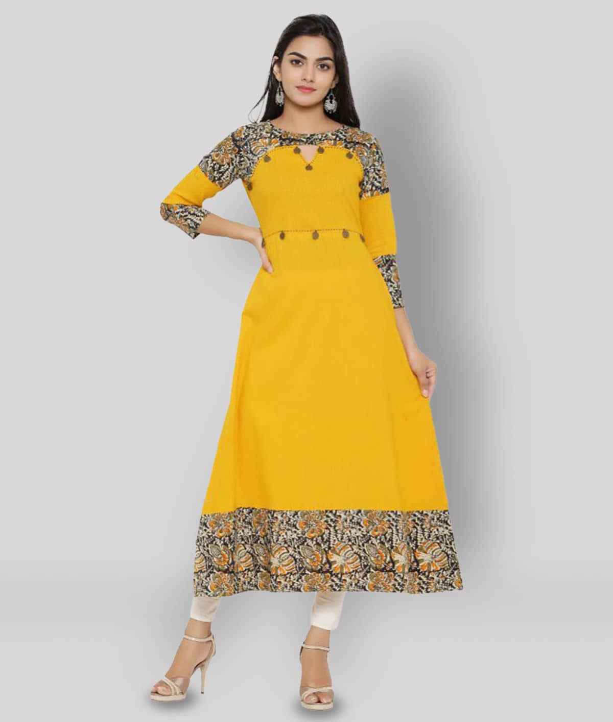 Yash Gallery Pack of 1 Cotton Printed Flared Women's Kurti - ( Yellow ) - Kurtis, Tunics | Buy online on ZillyBuy