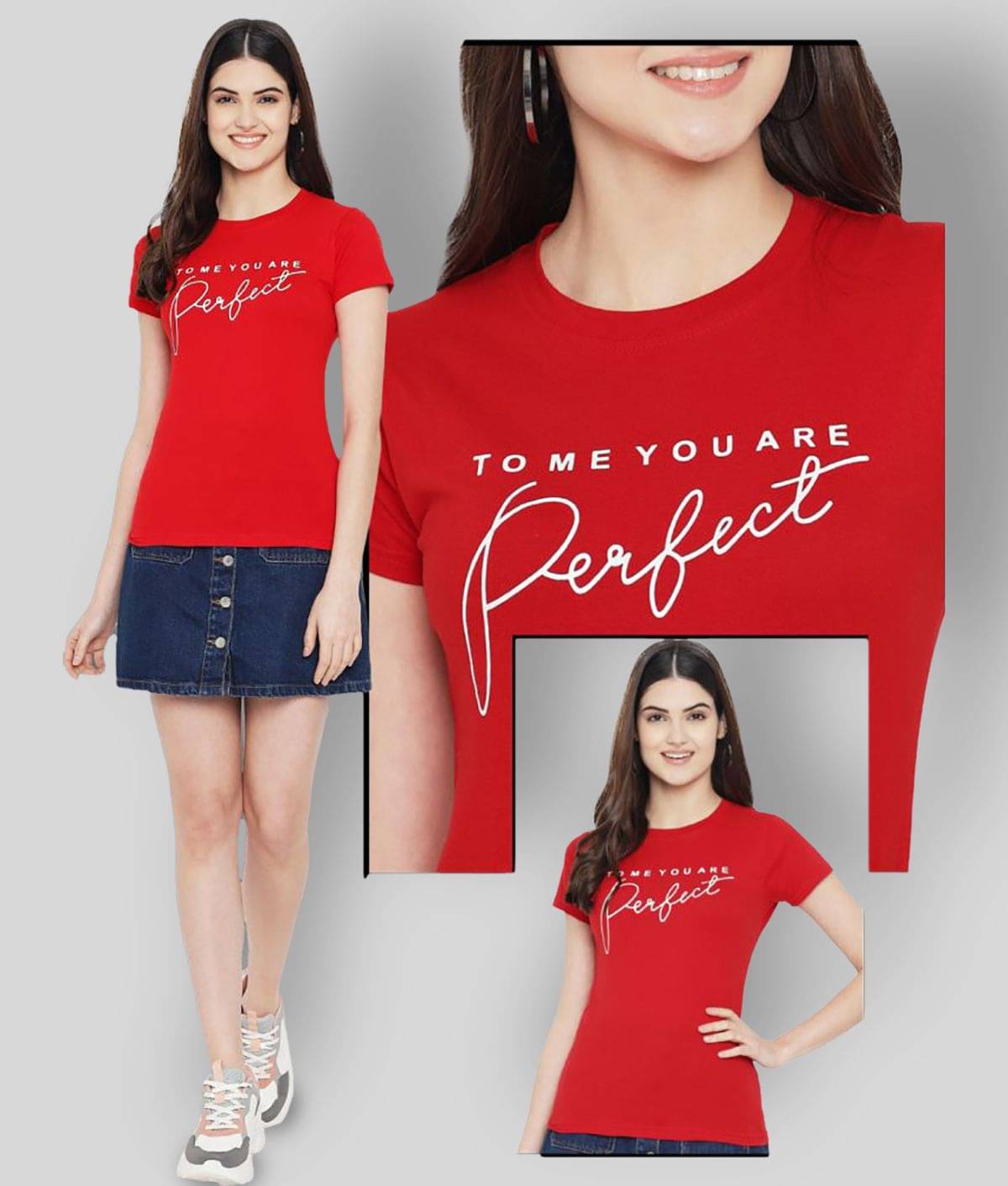     			Fabflee Women Cotton Printed Regular Fit Round Neck T-Shirt ( Red )