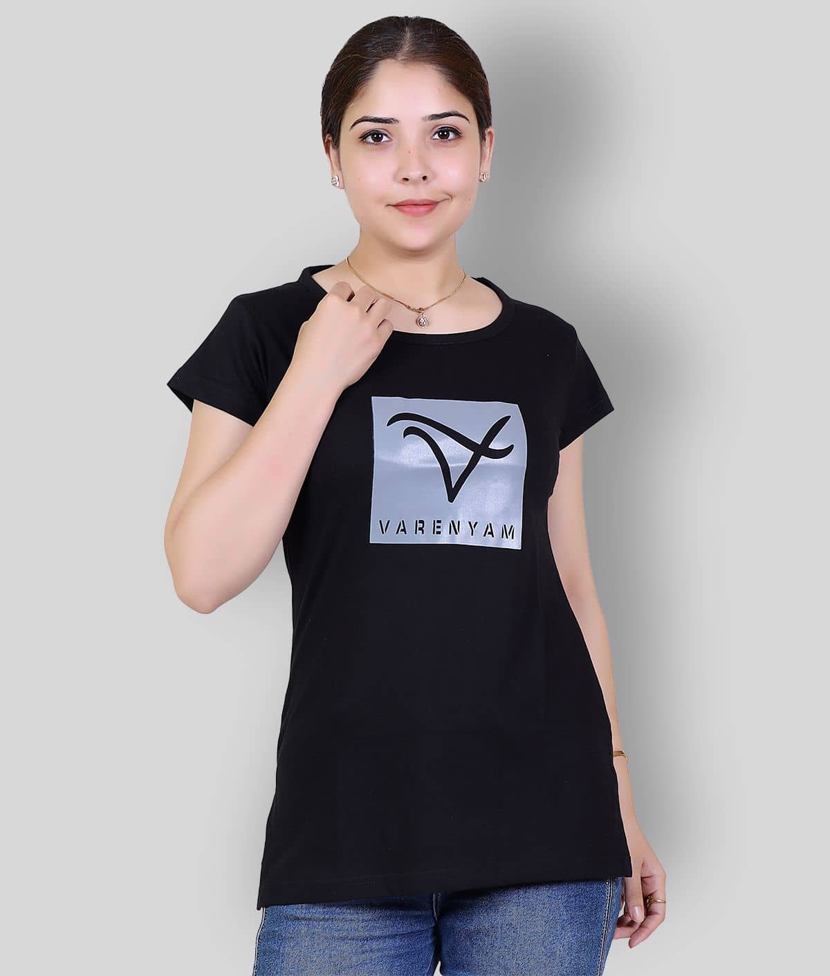 Varenyam Women Cotton Printed Regular Fit Round Neck T-Shirt ( Black )