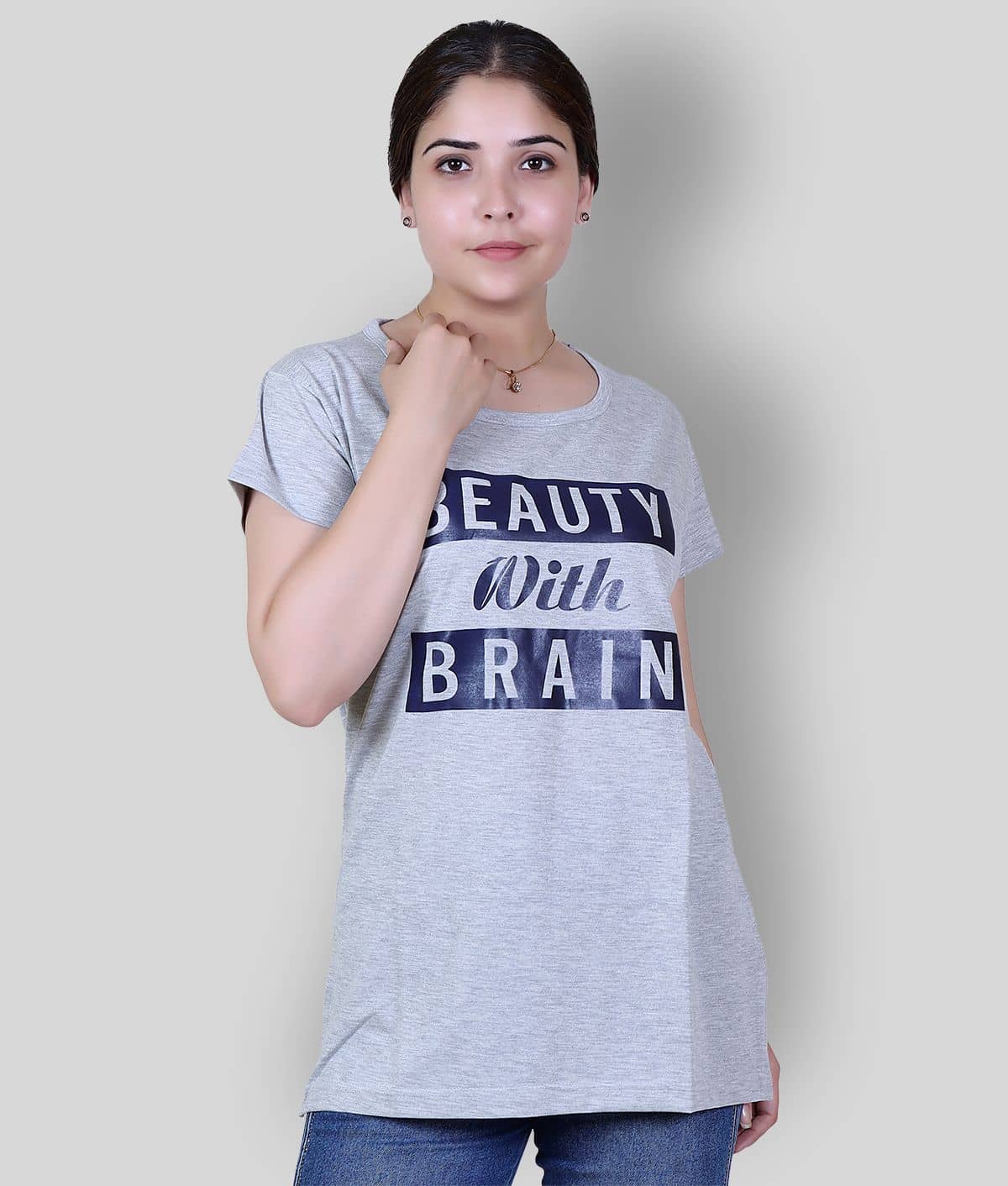 Varenyam Women Cotton Printed Regular Fit Round Neck T-Shirt ( Grey )
