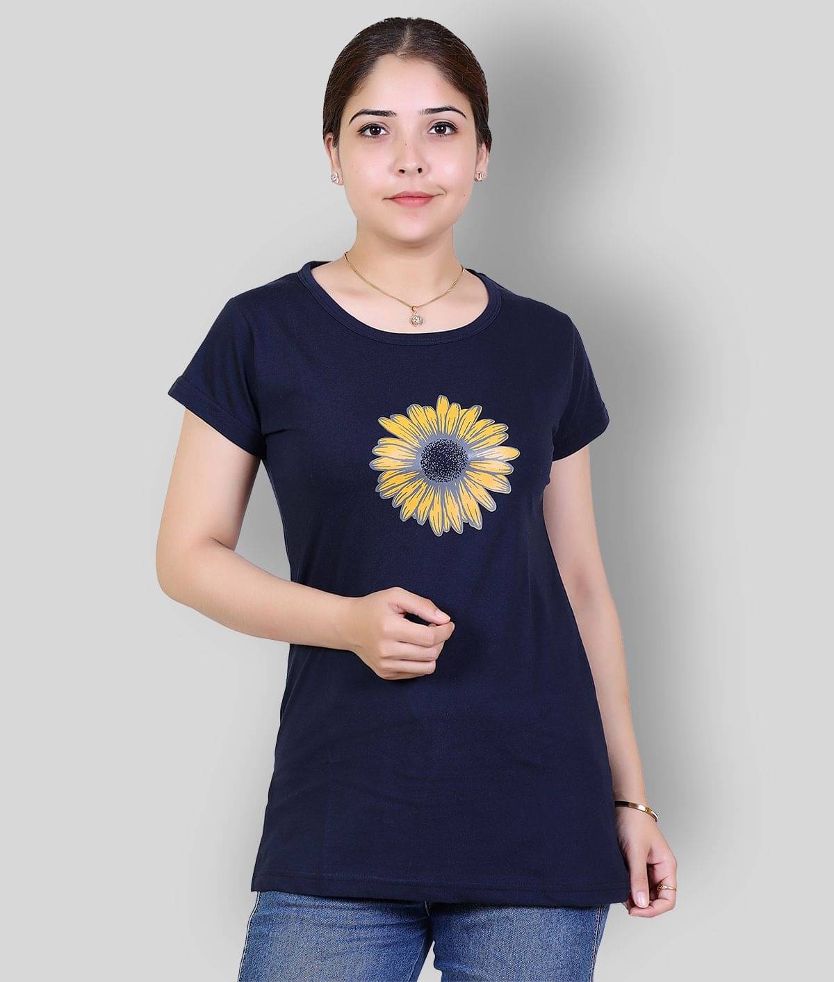 Varenyam Women Cotton Blend Printed Regular Fit Round Neck T-Shirt ( Navy Blue ) Varenyam Women Cotton Blend Printed Regular Fit Round Neck T-Shirt ( Navy Blue )