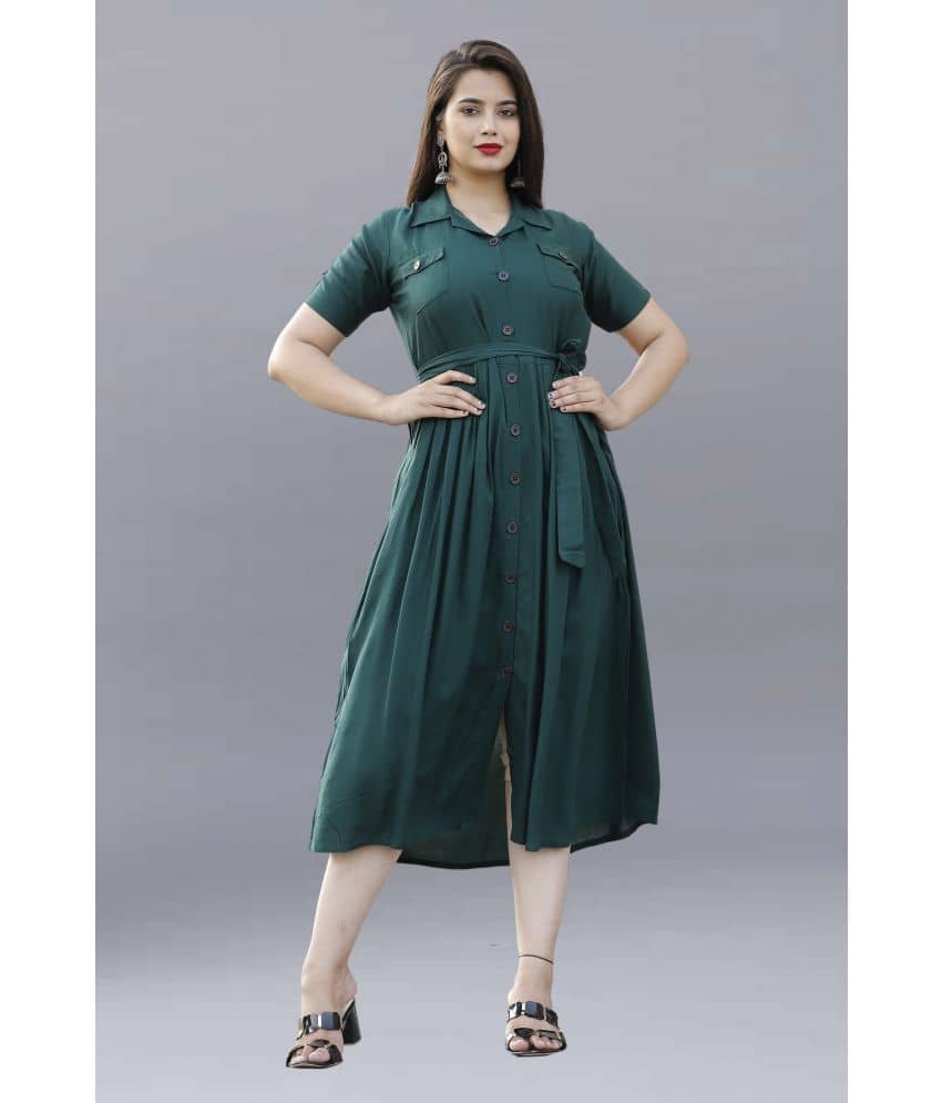 ZAMAISHA Women Rayon Solid Shirt Dress ( Green )