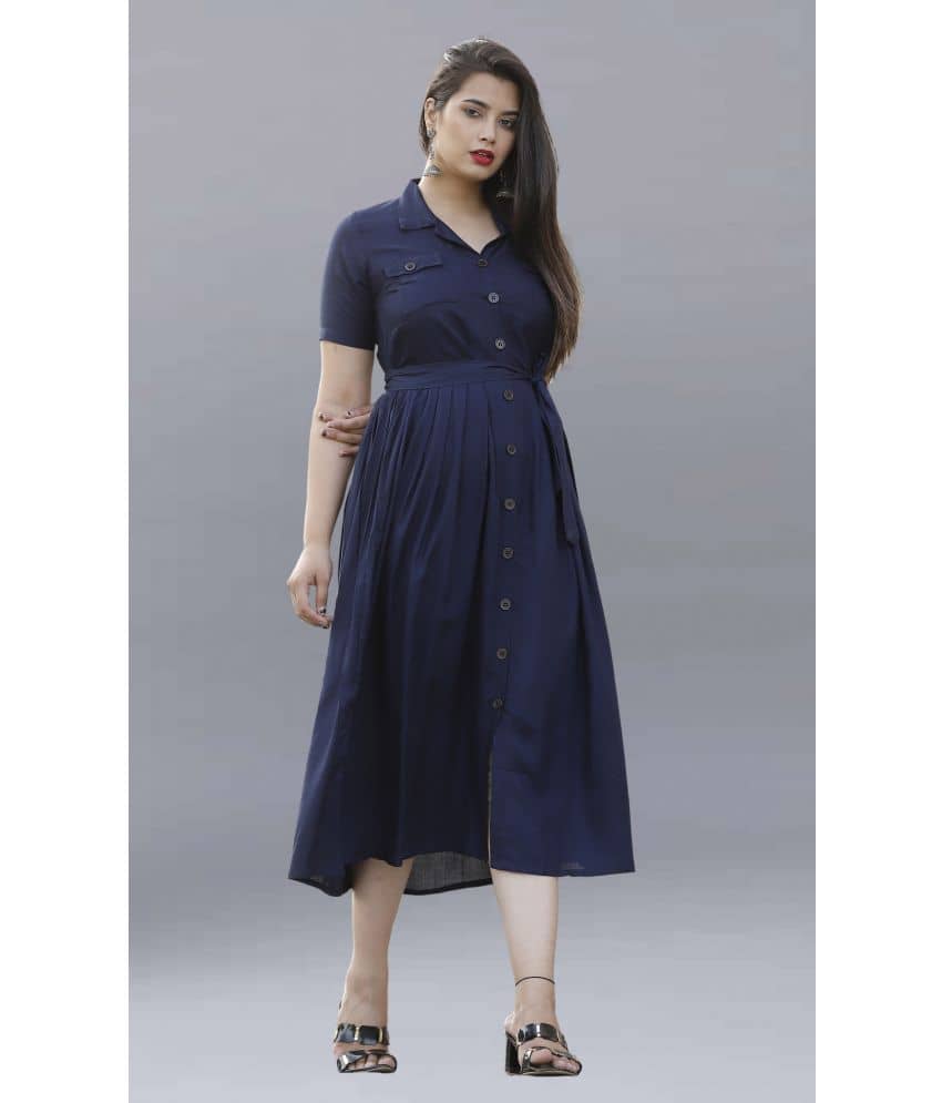 ZAMAISHA Women Rayon Solid Shirt Dress ( Navy )