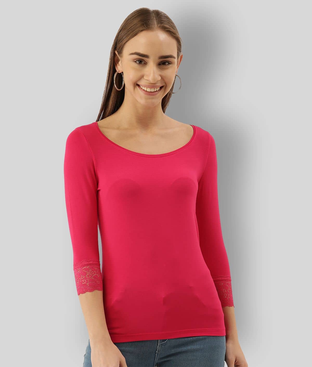 Zebu Women Viscose Solid Slim Fit Round Neck T-Shirt ( Pink )