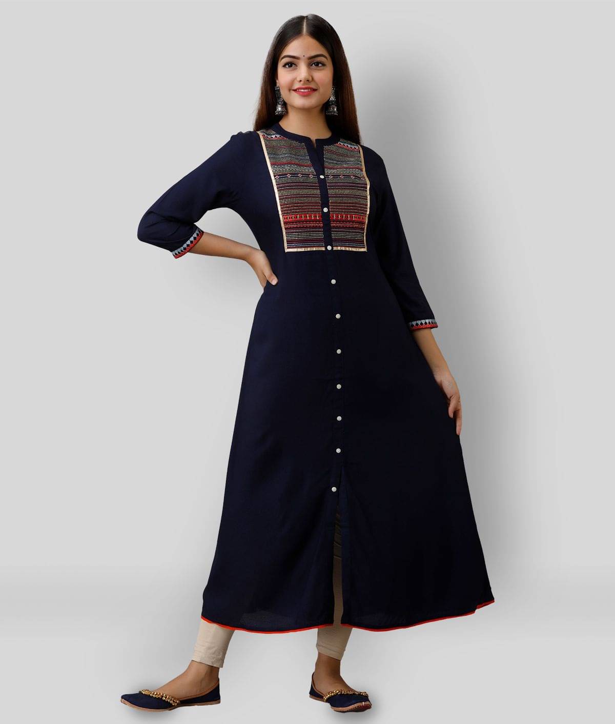 Frionkandy - Navy Rayon Women's Front Slit Kurti ( Pack of 1 )     			Frionkandy - Navy Rayon Women's Front Slit Kurti ( Pack of 1 )