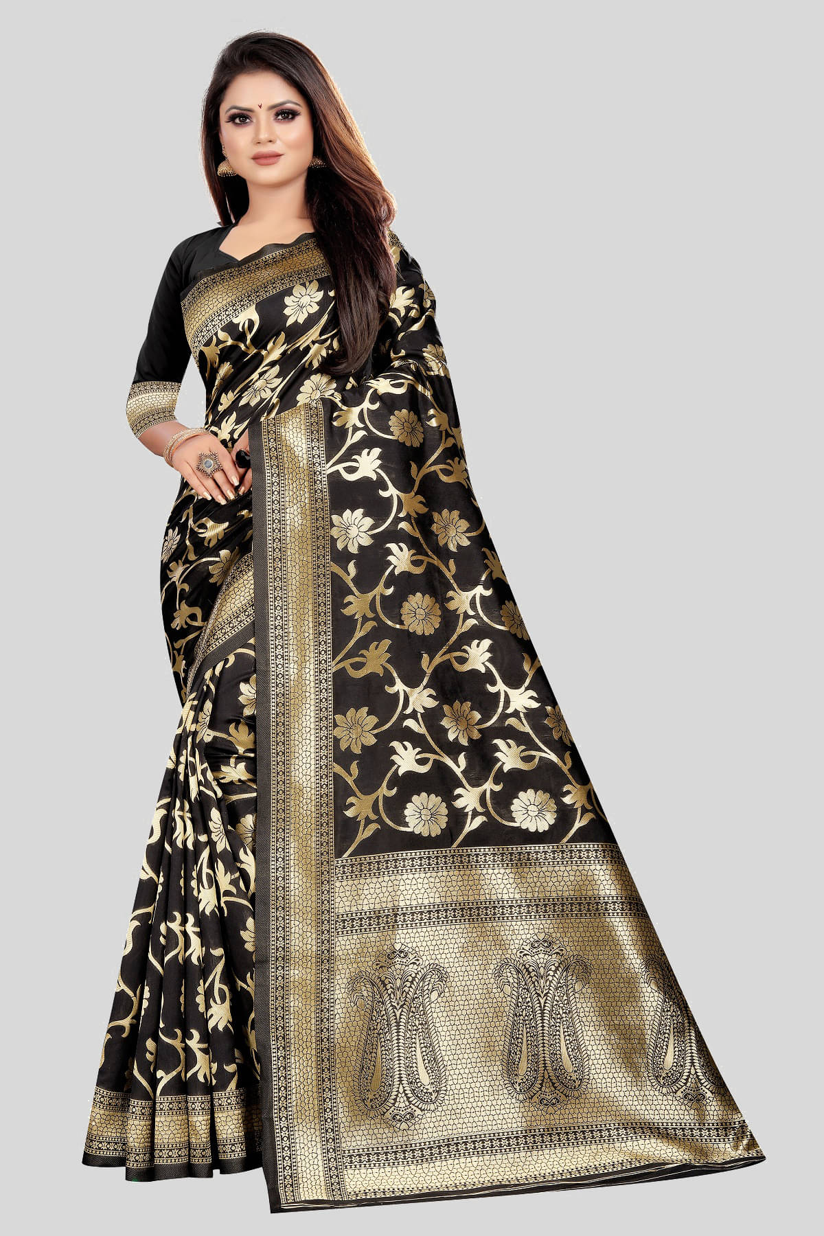     			Gazal Fashions Silk Blend Printed Saree With Unstitched Blouse Piece ( Black )