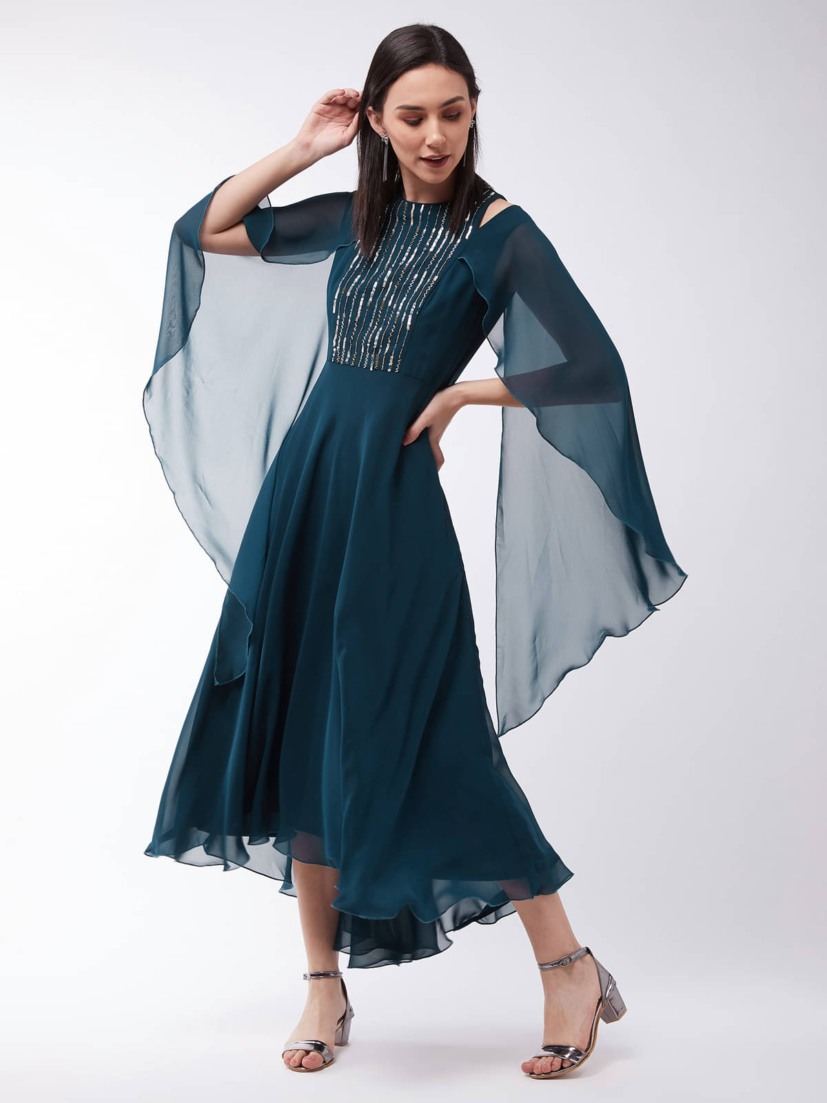 Miss Chase Women Polyester Embellished A-line Dress ( Teal ) Miss Chase Women Polyester Embellished A-line Dress ( Teal )
