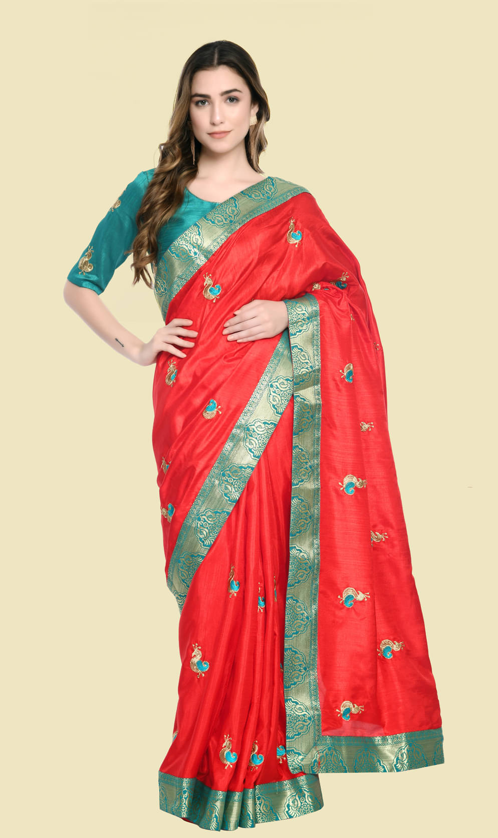 offline selection Art Silk Embellished Saree With Unstitched Blouse Piece ( Red ) offline selection Art Silk Embellished Saree With Unstitched Blouse Piece ( Red )