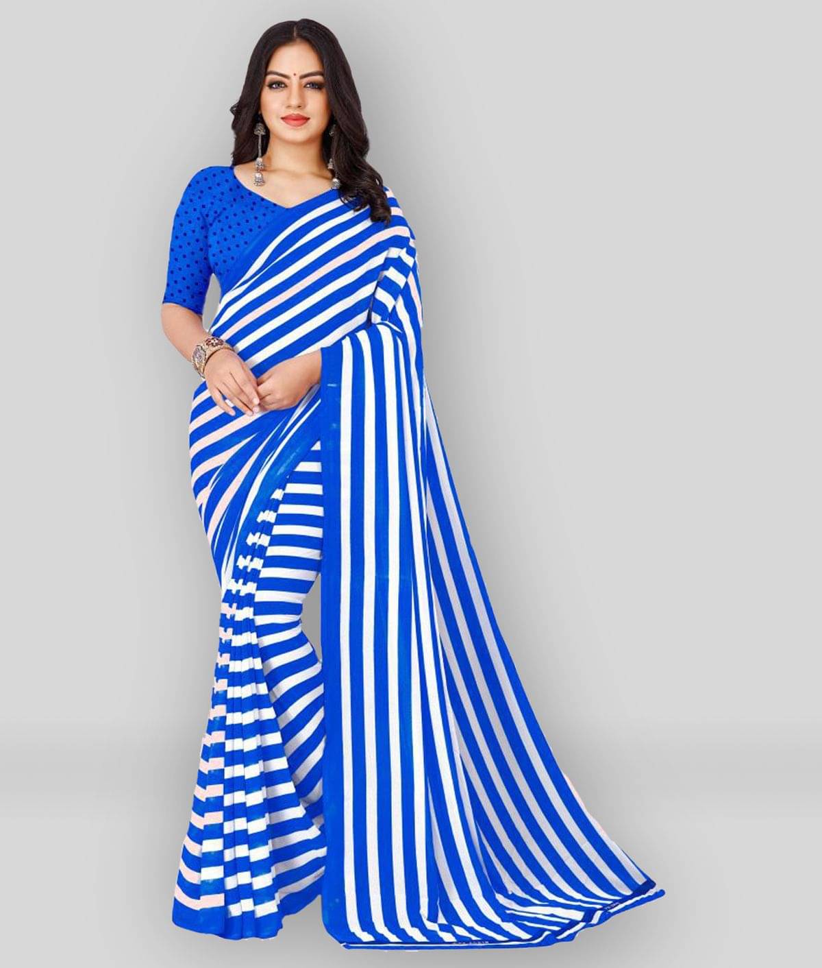 Anand Georgette Striped Saree With Unstitched Blouse Piece ( Blue ) Anand Georgette Striped Saree With Unstitched Blouse Piece ( Blue )