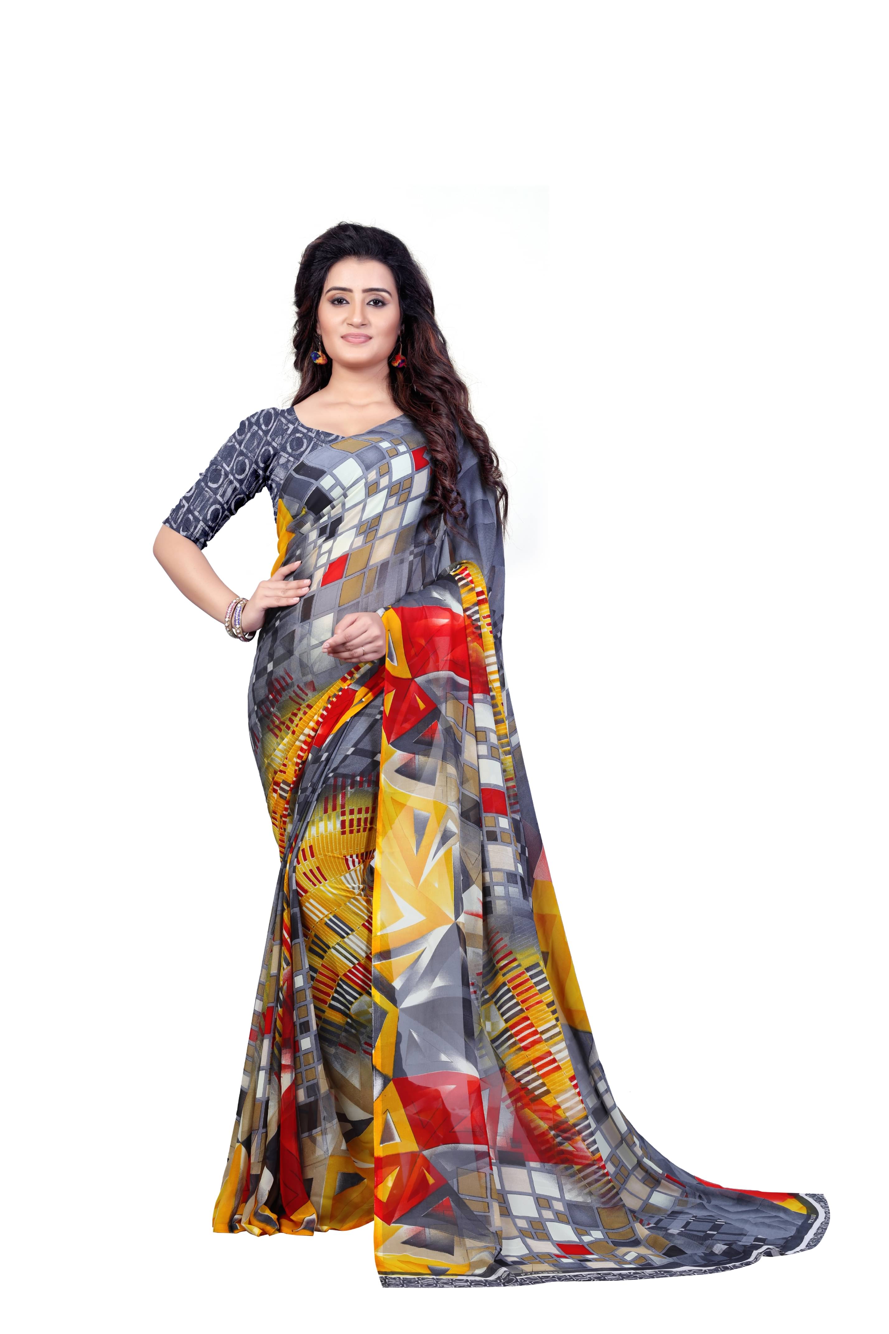     			Anand Georgette Printed Saree With Unstitched Blouse Piece ( Grey )