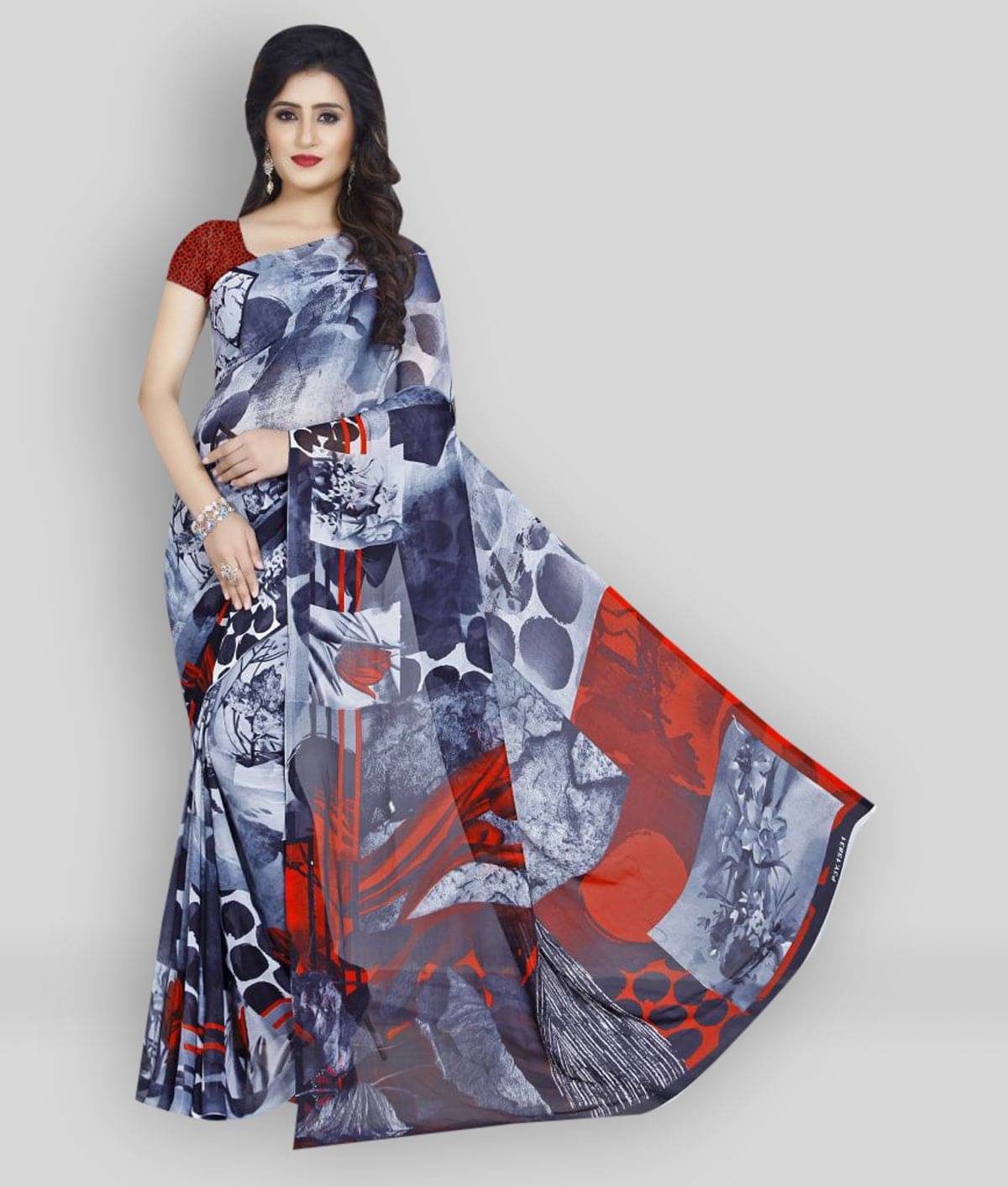     			Anand Georgette Printed Saree With Unstitched Blouse Piece ( Grey )