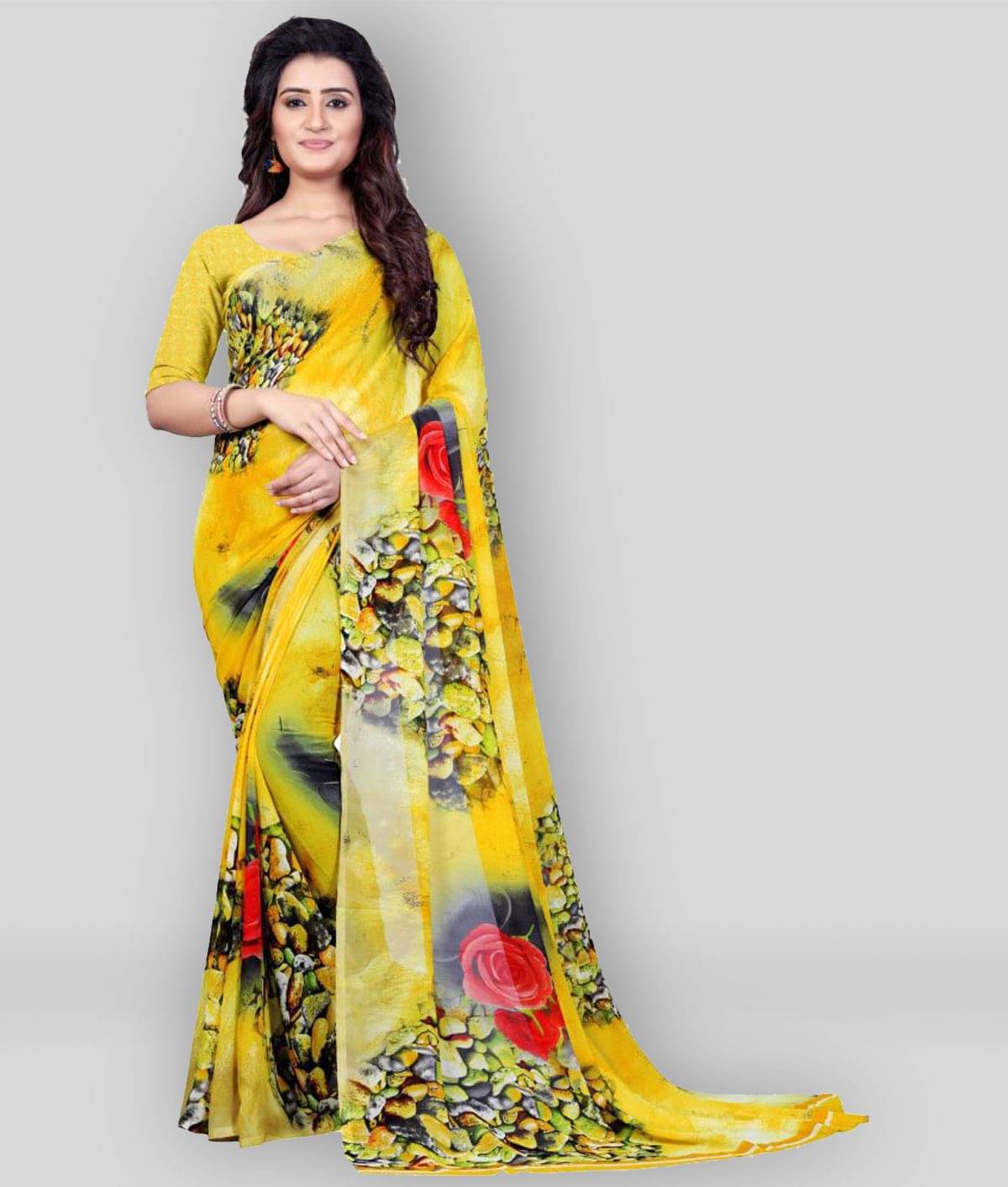 Anand Georgette Printed Saree With Unstitched Blouse Piece ( Yellow ) Anand Georgette Printed Saree With Unstitched Blouse Piece ( Yellow )
