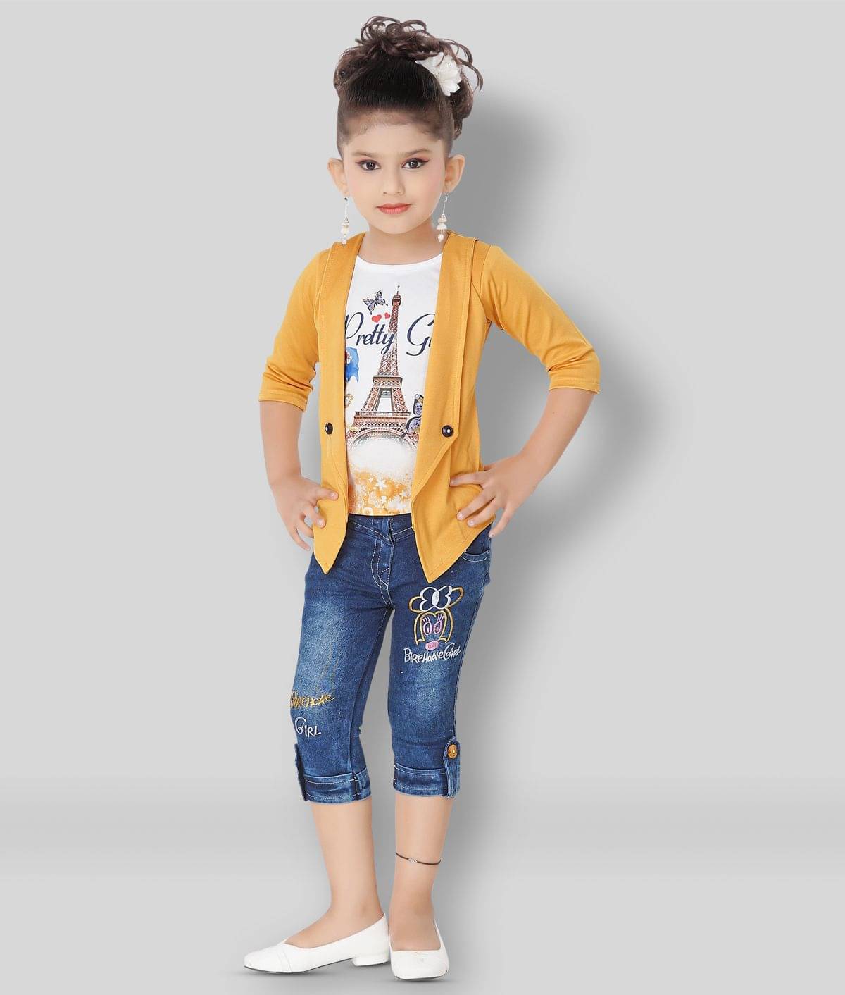     			Arshia Fashions Pack of 1 Girls Denim Top With Capris ( Yellow )