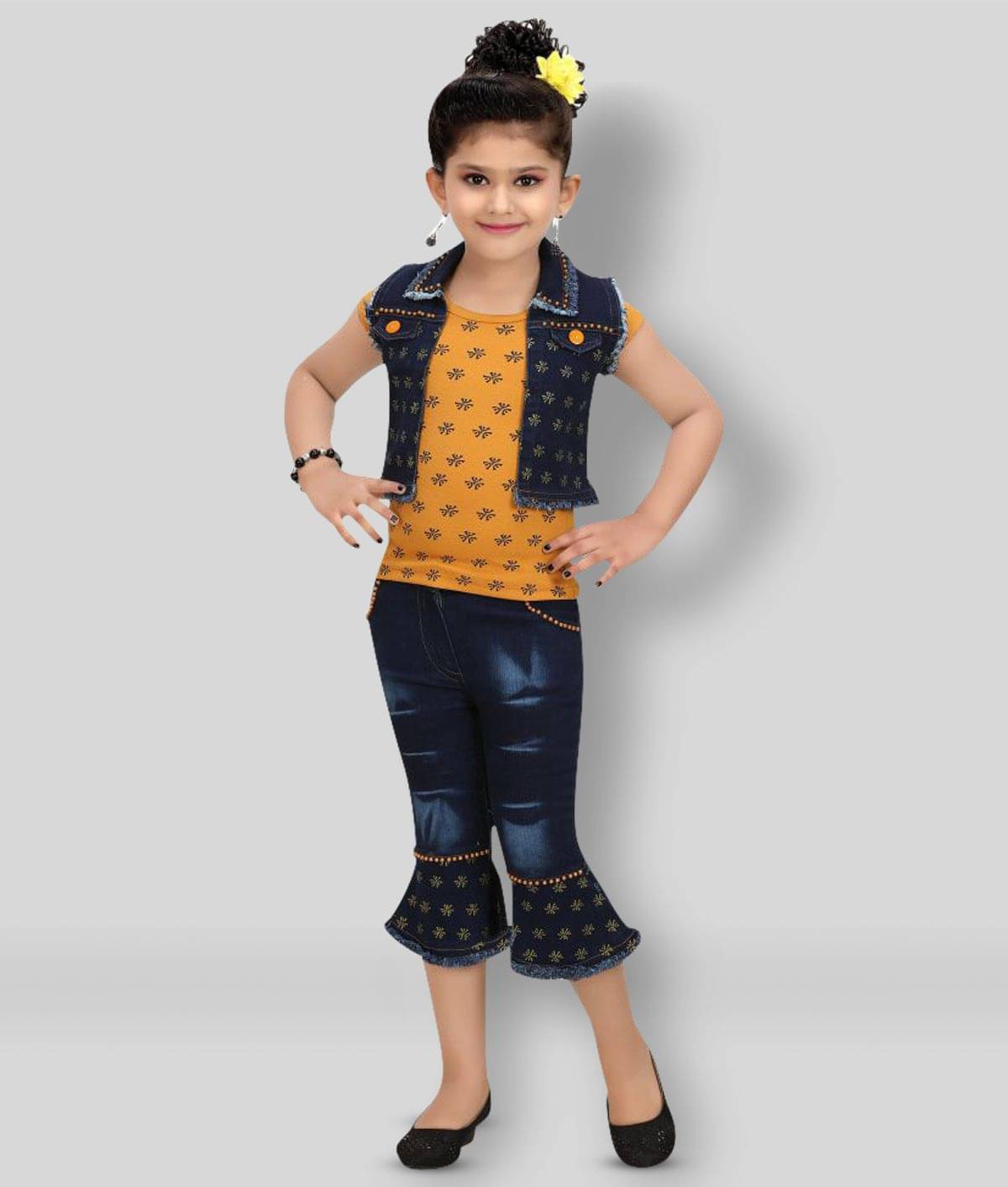     			Arshia Fashions Pack of 1 Girls Denim Top With Jacket With Capris ( Yellow )