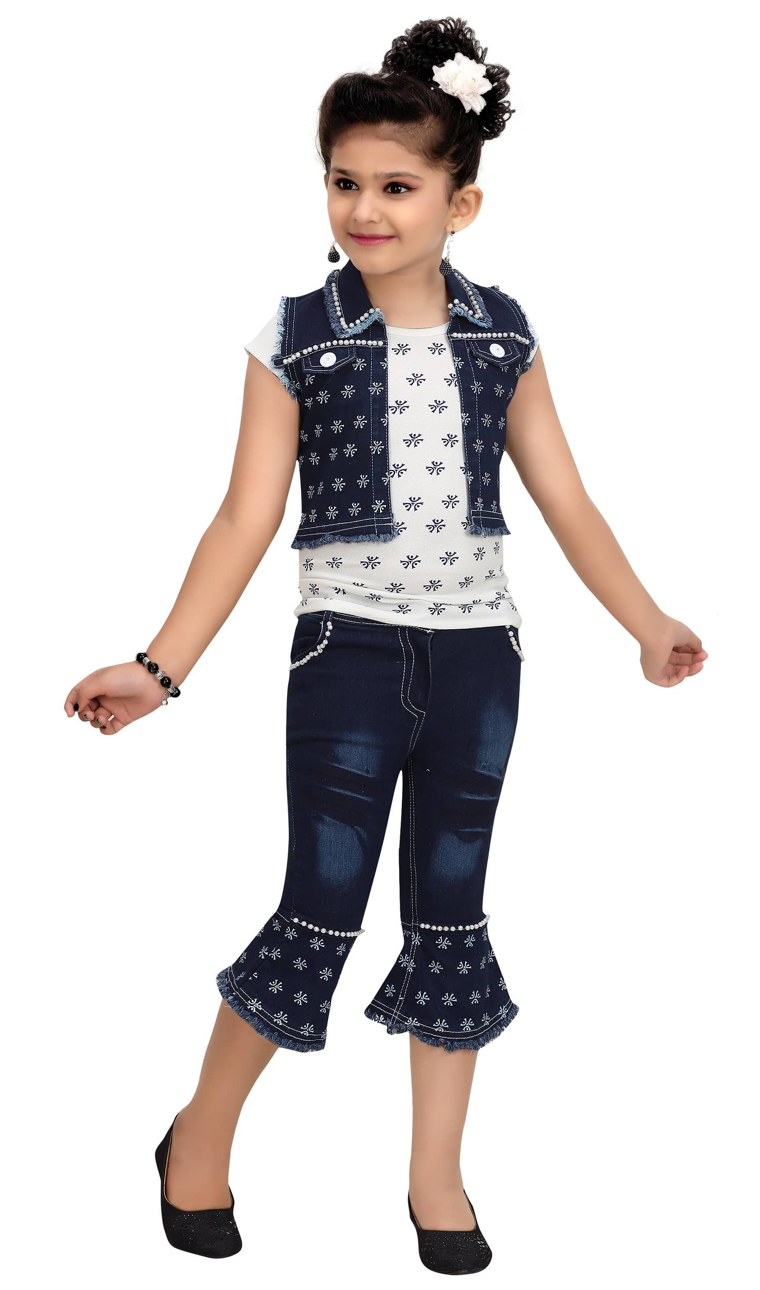 Arshia Fashions Pack of 1 Girls Denim Top With Jacket With Capris ( Yellow )