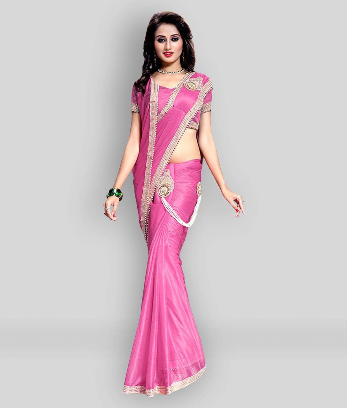 Bhuwal Fashion Lycra Solid Saree With Unstitched Blouse Piece ( White,Pink ) Bhuwal Fashion Lycra Solid Saree With Unstitched Blouse Piece ( White,Pink )