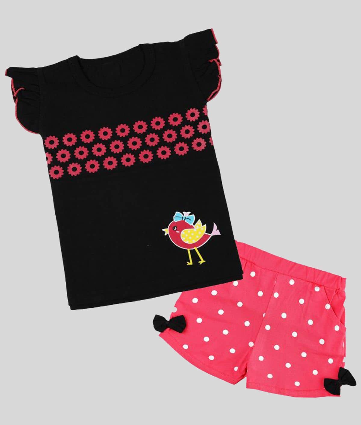 CATCUB Baby Girls 100% Cotton Tops & Bottoms Sets ( Black )