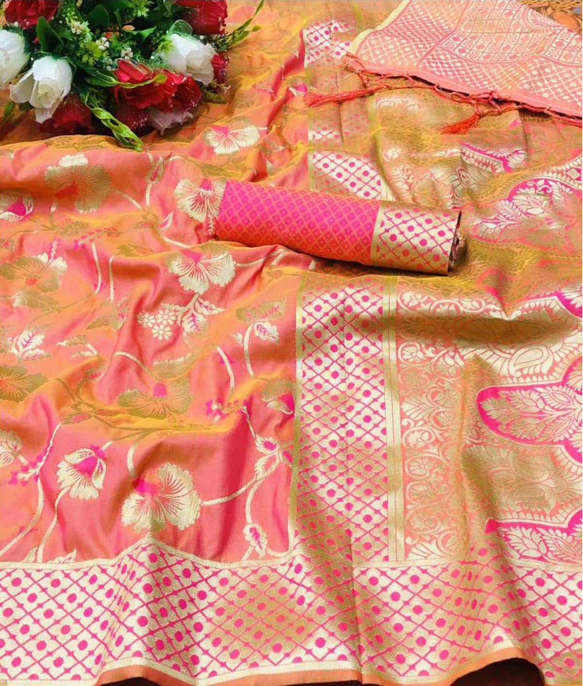 Darshita International Silk Blend Self Design Saree With Unstitched Blouse Piece ( Pink ) - Sarees | Buy online on ZillyBuy