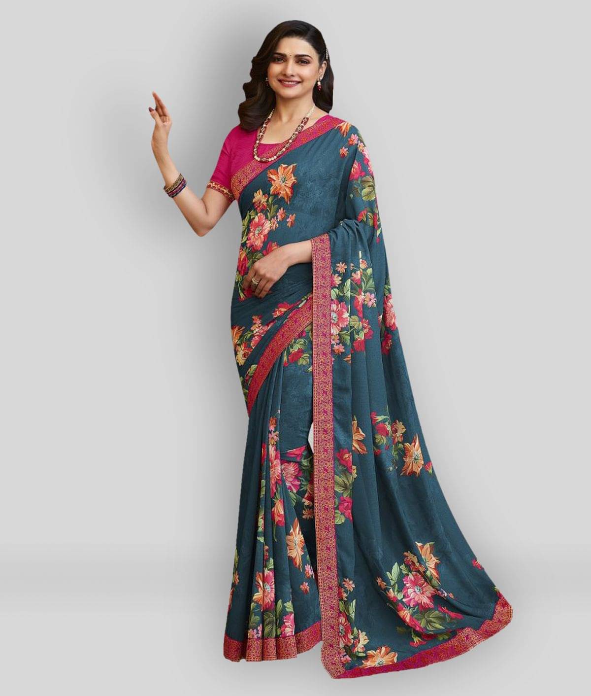 Gazal Fashions Chiffon Printed Saree With Unstitched Blouse Piece ( Blue )     			Gazal Fashions Chiffon Printed Saree With Unstitched Blouse Piece ( Blue )