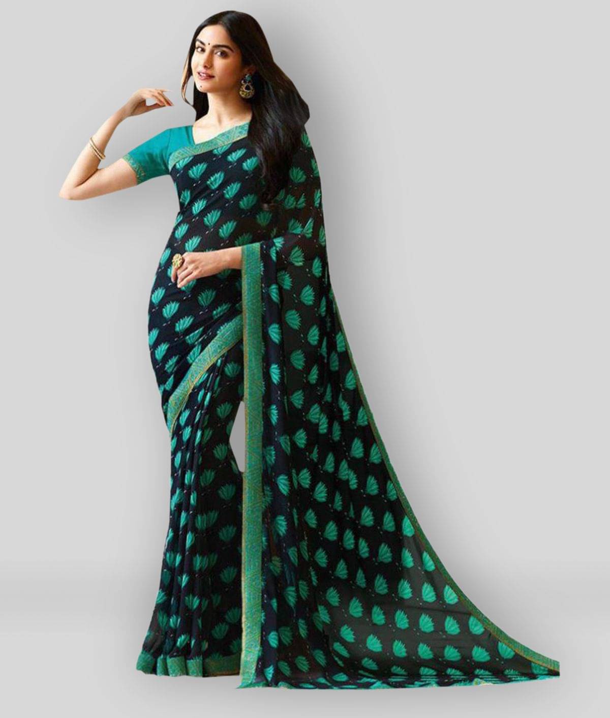 Gazal Fashions Chiffon Printed Saree With Unstitched Blouse Piece ( Navy ) Gazal Fashions Chiffon Printed Saree With Unstitched Blouse Piece ( Navy )