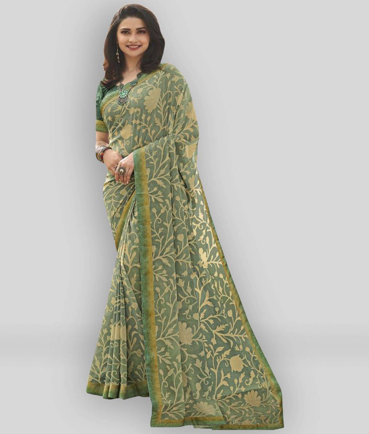 Gazal Fashions Chiffon Printed Saree With Unstitched Blouse Piece ( Green ) Gazal Fashions Chiffon Printed Saree With Unstitched Blouse Piece ( Green )