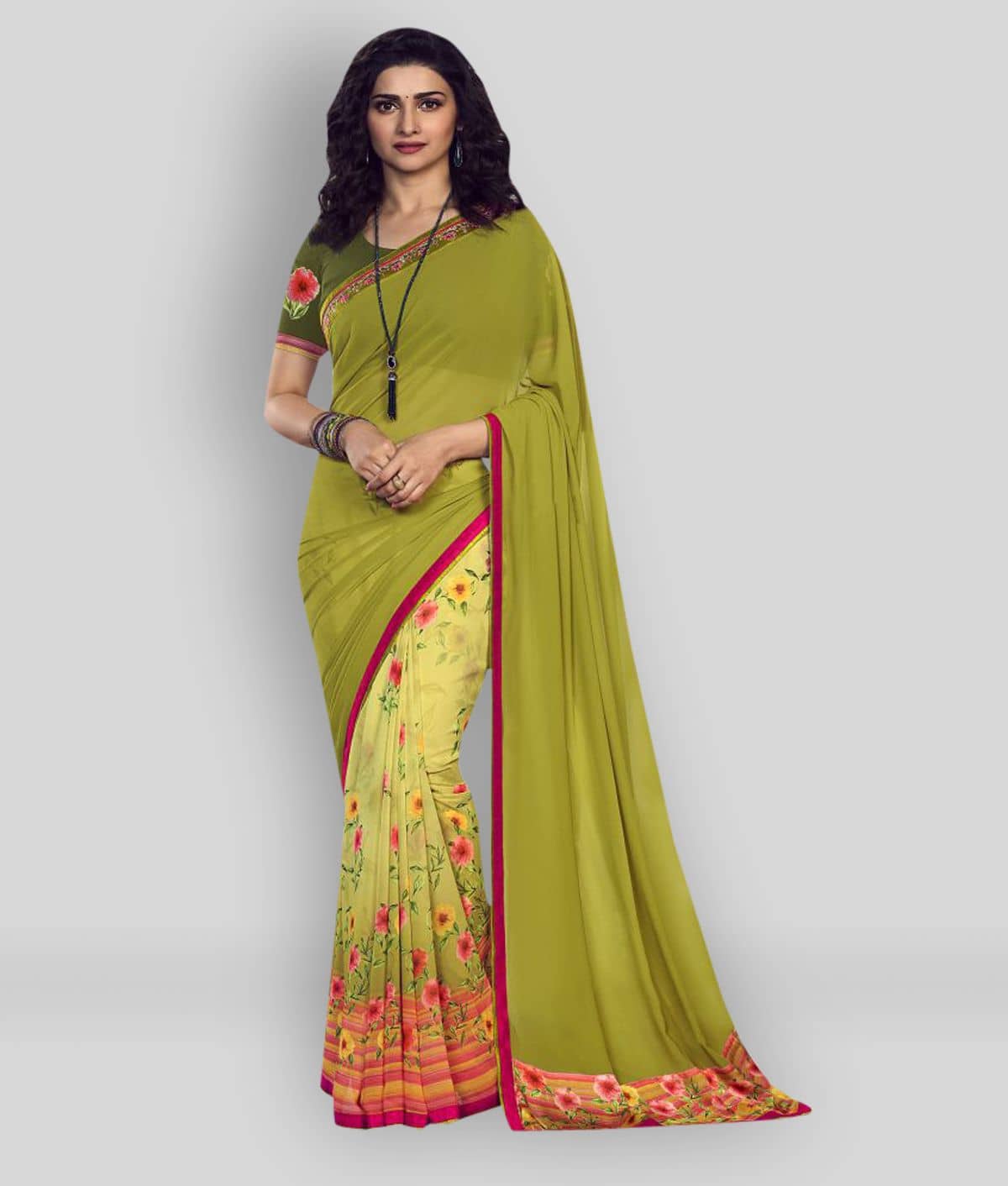 Gazal Fashions Chiffon Printed Saree With Unstitched Blouse Piece ( Green ) - Sarees | Buy online on ZillyBuy