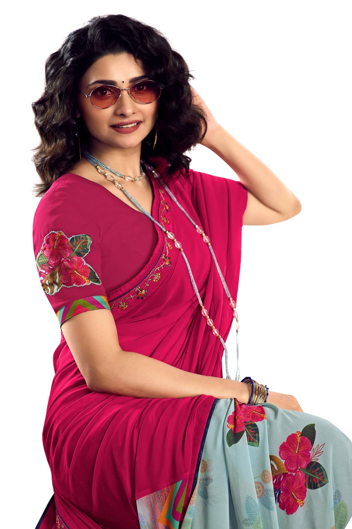 Gazal Fashions Chiffon Printed Saree With Unstitched Blouse Piece ( Pink ) - Sarees | Buy online on ZillyBuy