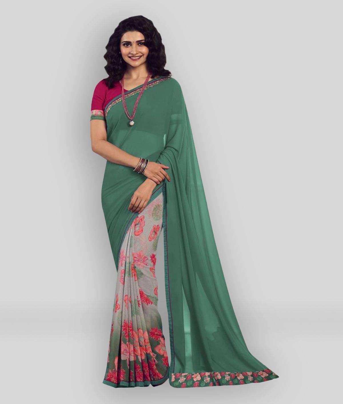 Gazal Fashions Chiffon Printed Saree With Unstitched Blouse Piece ( Rama )     			Gazal Fashions Chiffon Printed Saree With Unstitched Blouse Piece ( Rama )