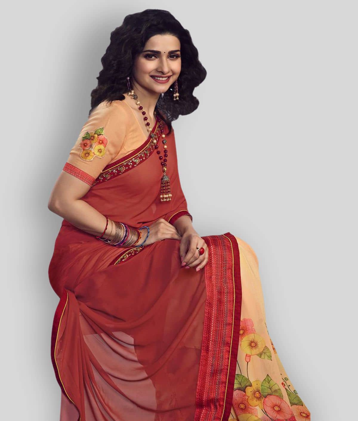 Gazal Fashions Chiffon Printed Saree With Unstitched Blouse Piece ( Red ) - Sarees | Buy online on ZillyBuy