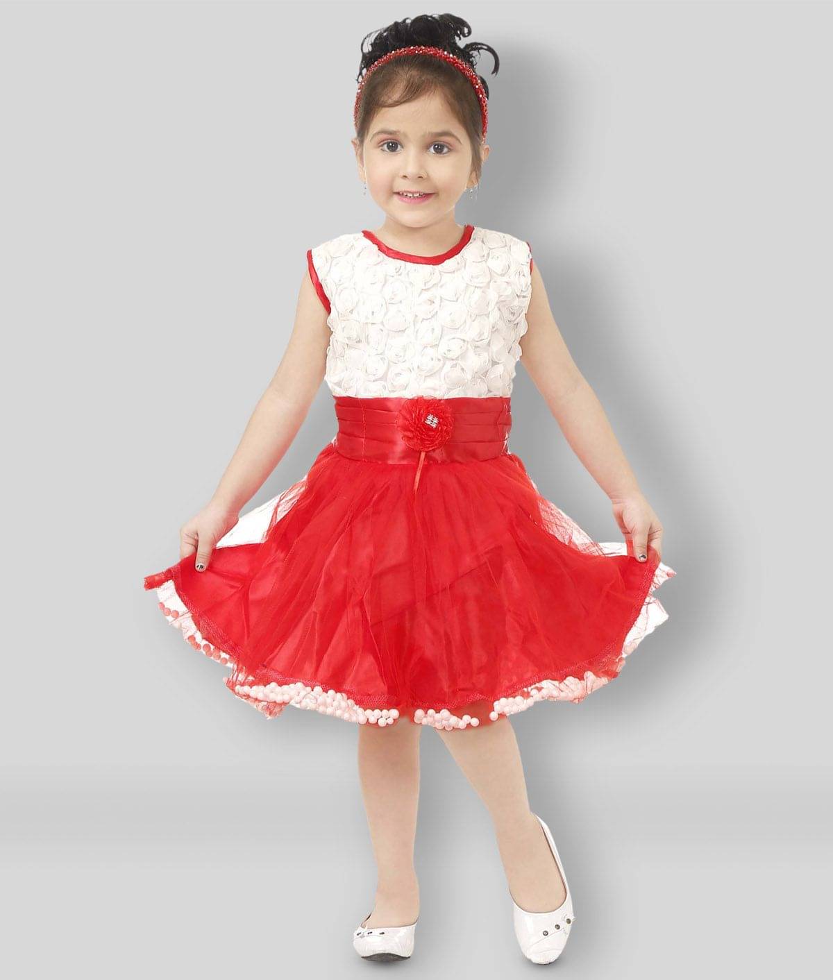     			JCT DRESSES Cotton Blend Frock For Girls ( Pack of 1 , White & Red )