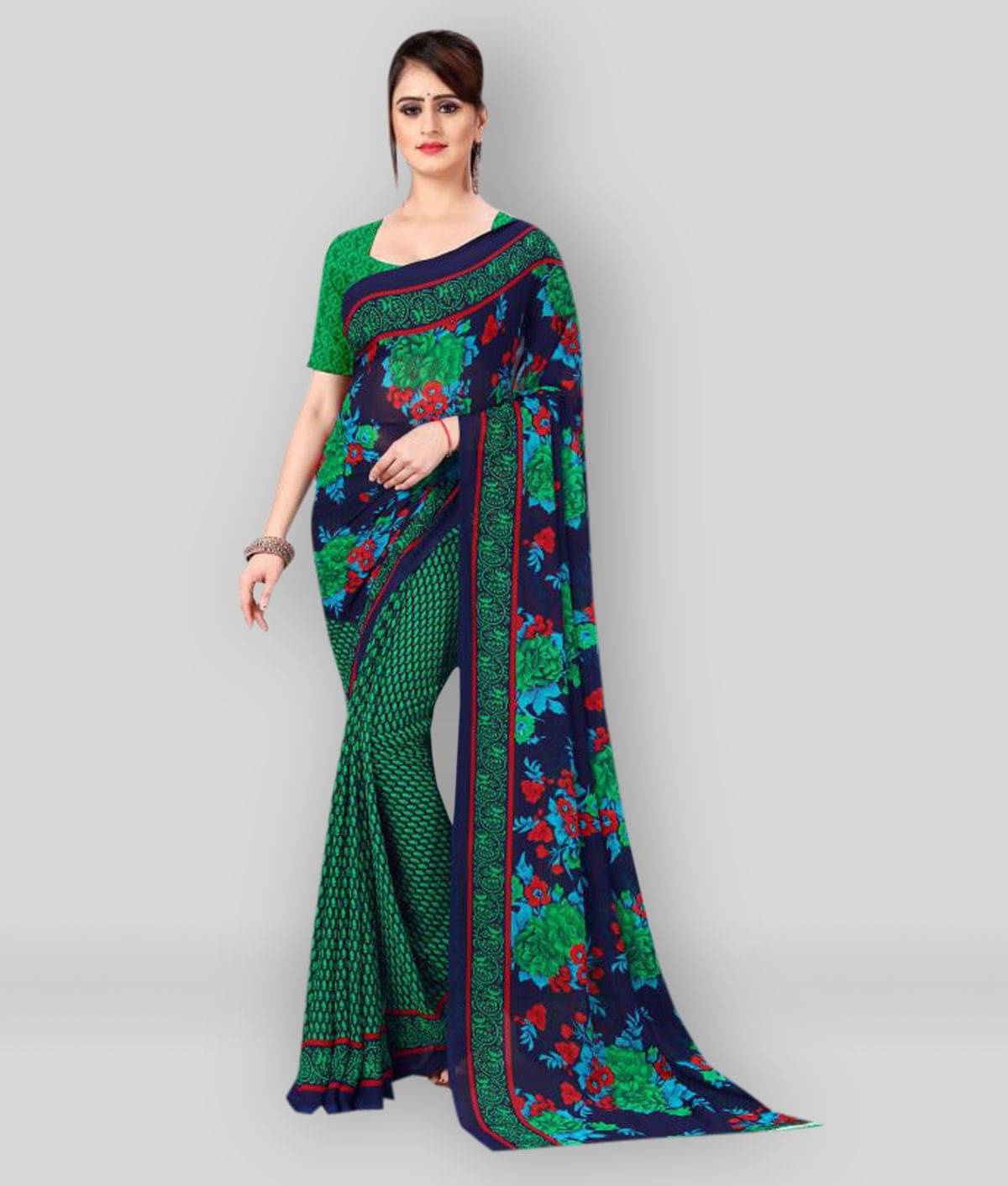 ANAND SAREES Georgette Printed Saree With Unstitched Blouse Piece ( Green ) ANAND SAREES Georgette Printed Saree With Unstitched Blouse Piece ( Green )
