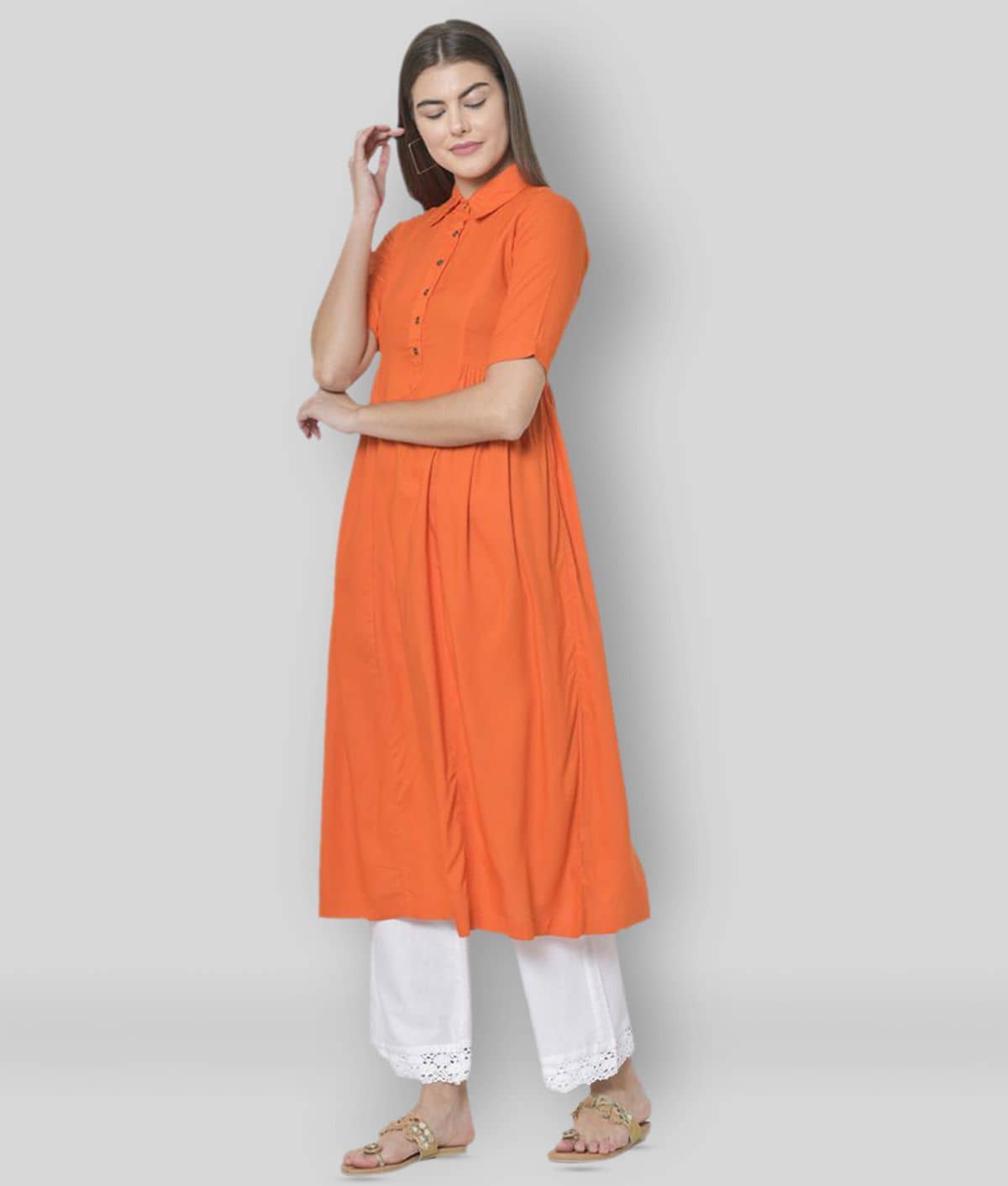 Pistaa - Orange Viscose Women's Flared Kurti ( Pack of 1 ) - Kurtis, Tunics | Buy online on ZillyBuy