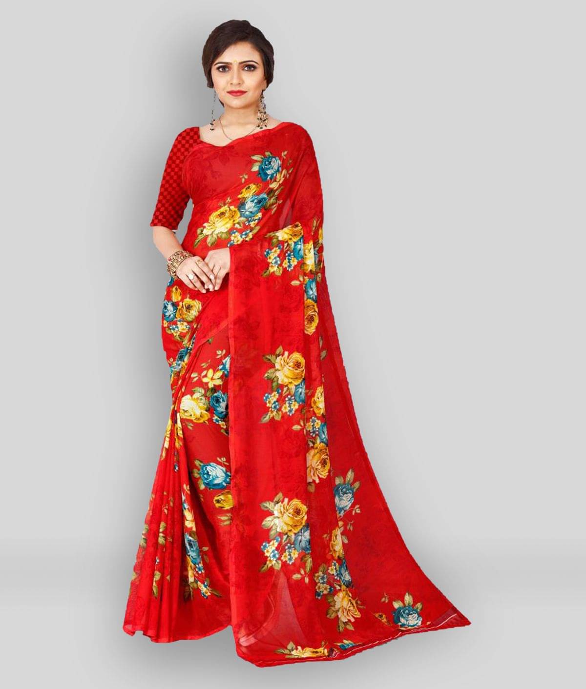 ANAND SAREES Georgette Printed Saree With Unstitched Blouse Piece ( Red ) ANAND SAREES Georgette Printed Saree With Unstitched Blouse Piece ( Red )
