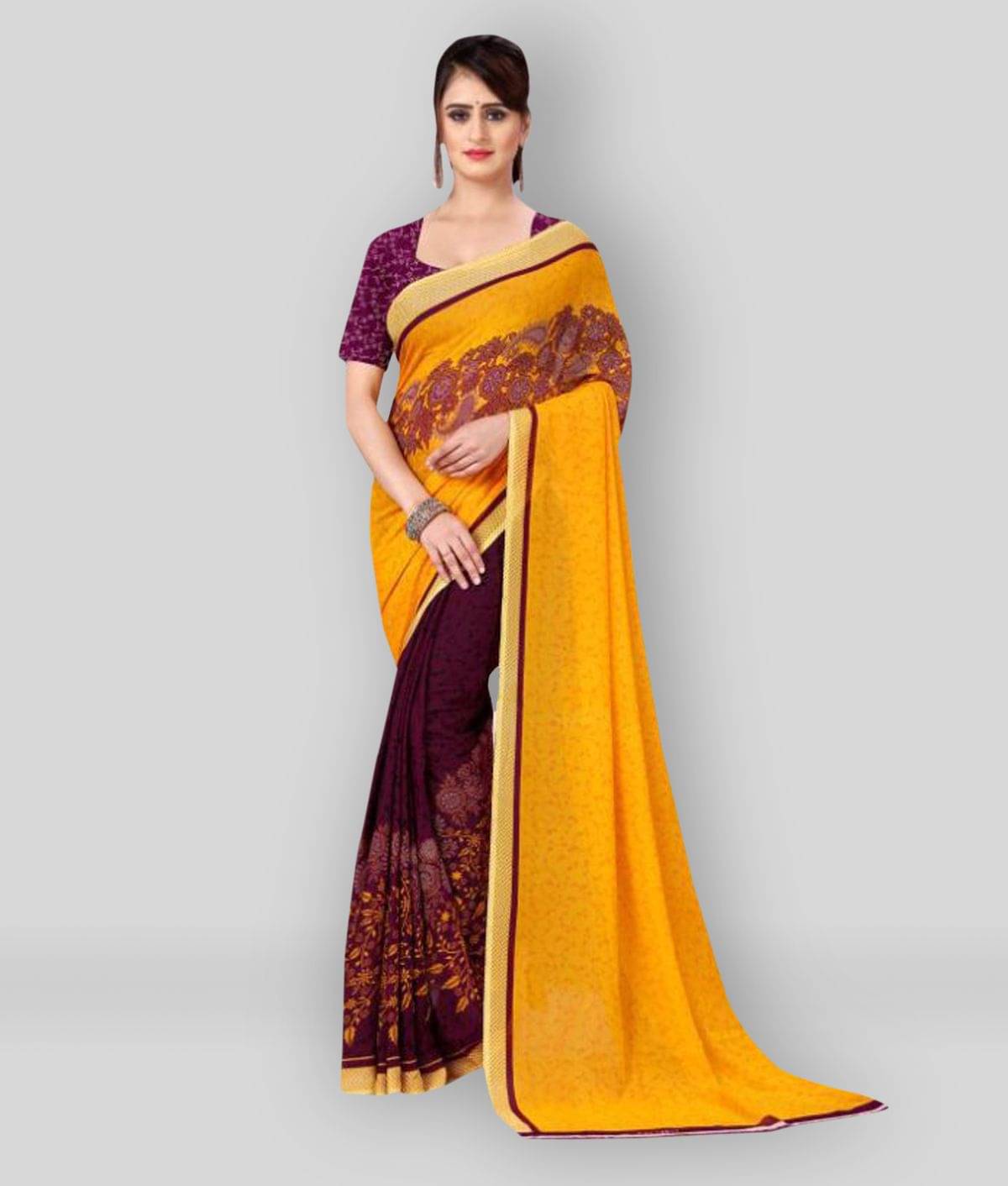 ANAND SAREES Georgette Printed Saree With Unstitched Blouse Piece ( Yellow ) ANAND SAREES Georgette Printed Saree With Unstitched Blouse Piece ( Yellow )
