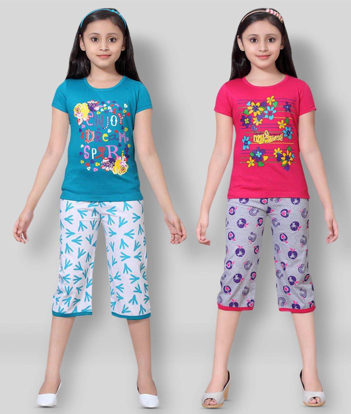     			Sini Mini Pack of 2 Girls Cotton Top With Capris ( Multi )