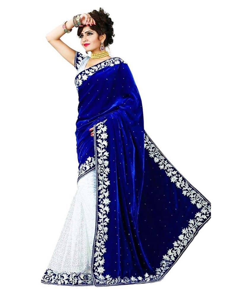 WXW Fashion Velvet Embroidered Saree With Unstitched Blouse Piece ( Blue ) - Sarees | Buy online on ZillyBuy