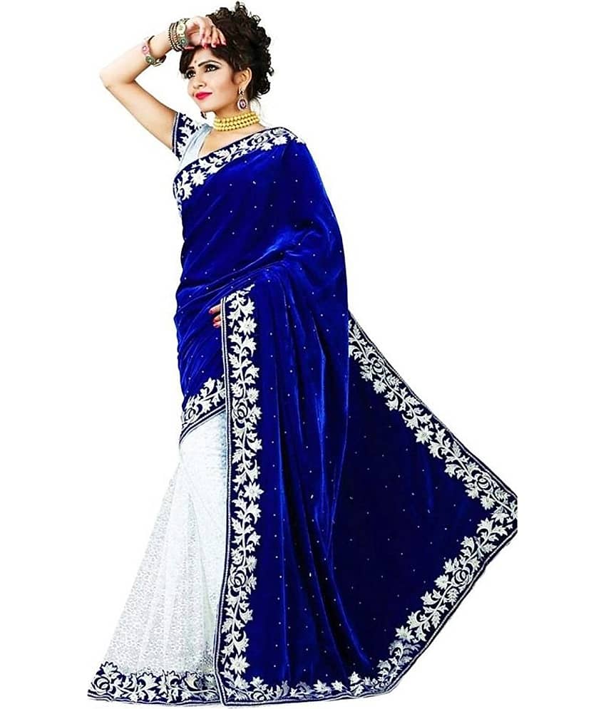 WXW Fashion Velvet Embroidered Saree With Unstitched Blouse Piece ( Blue ) - Sarees | Buy online on ZillyBuy