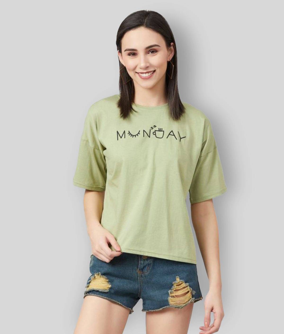     			Chimpaaanzee Women Cotton Printed Oversized Fit Round Neck T-Shirt ( Green )