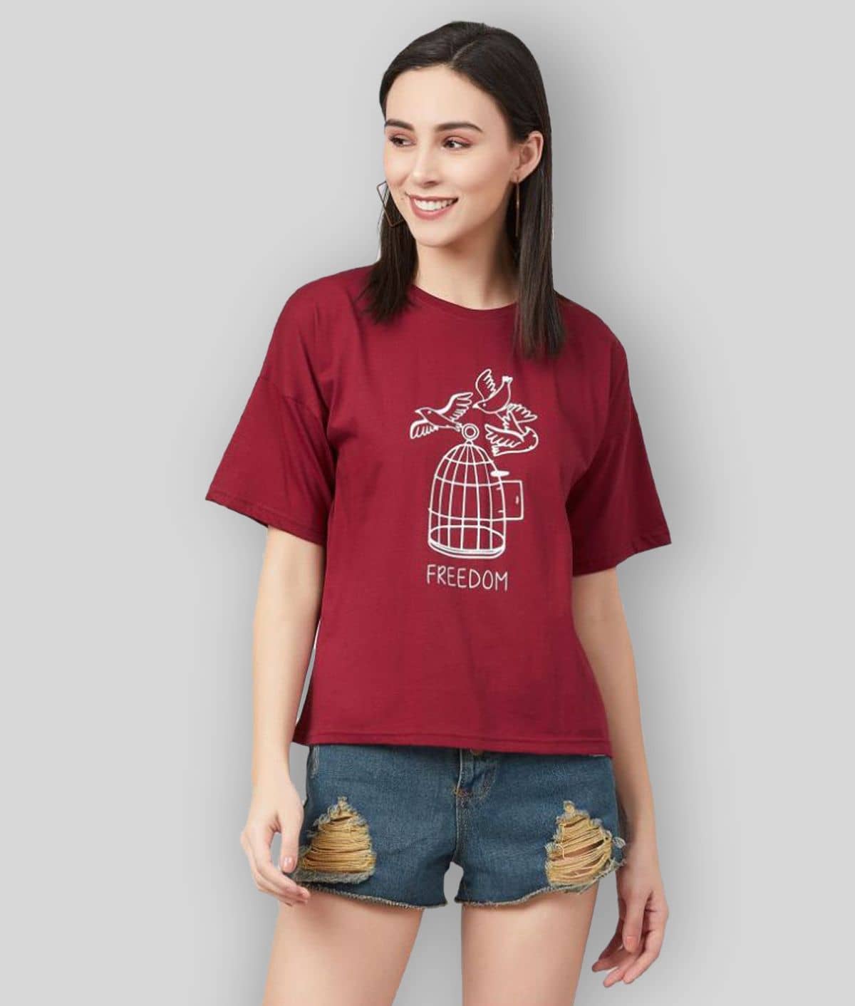 Chimpaaanzee Women Cotton Printed Regular Fit Round Neck T-Shirt ( Maroon )
