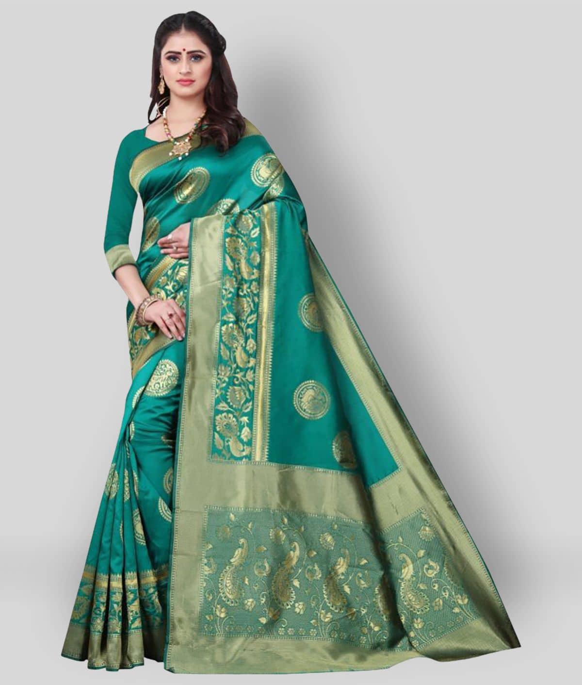Gazal Fashions Banarasi Silk Embellished Saree With Unstitched Blouse Piece ( Green ) - Sarees | Buy online on ZillyBuy