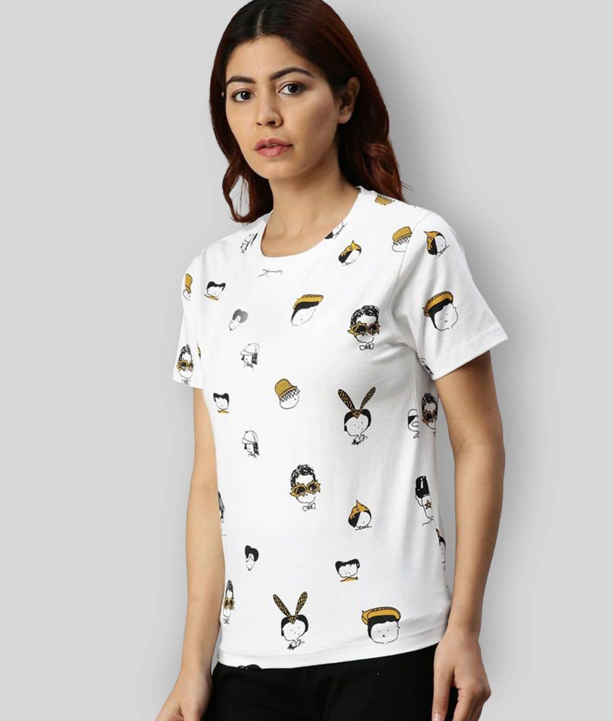 JUNEBERRY Women Cotton Printed Regular Fit Round Neck T-Shirt ( White )