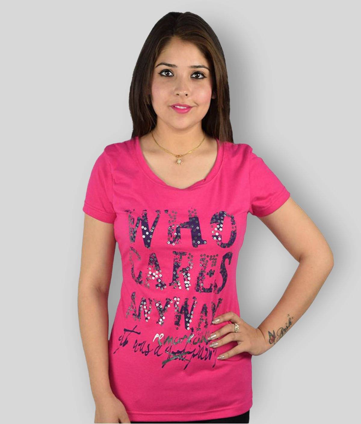     			Kaily Women Cotton Printed Regular Fit Round Neck T-Shirt ( Pink )